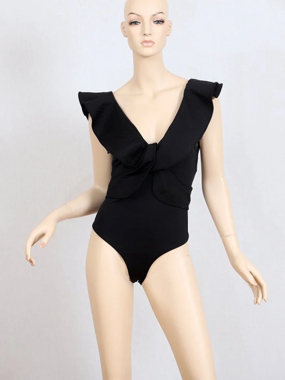 Johanna Ortiz Black One-Piece with Dramatic Ruffle V-Neck Island Rhythms